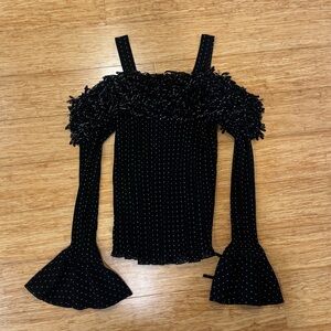 Kaelyn Max black white ruffle fringe off the shoulder sheer top